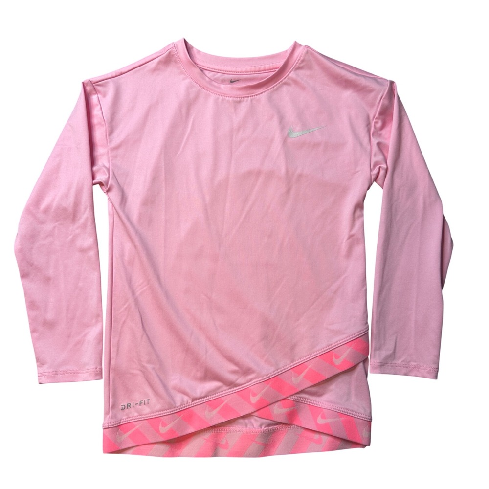 Nike Shirt Girls 5-6 Pink Dri-FIT Long Sleeve Crossover Hem Athletic Training
